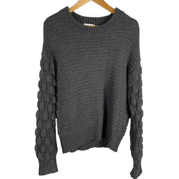 Elodie Gray Pullover Chunky Knit‎ Crewneck Sweater Pom Pom Sleeves Size Medium - Picture 4 of 10